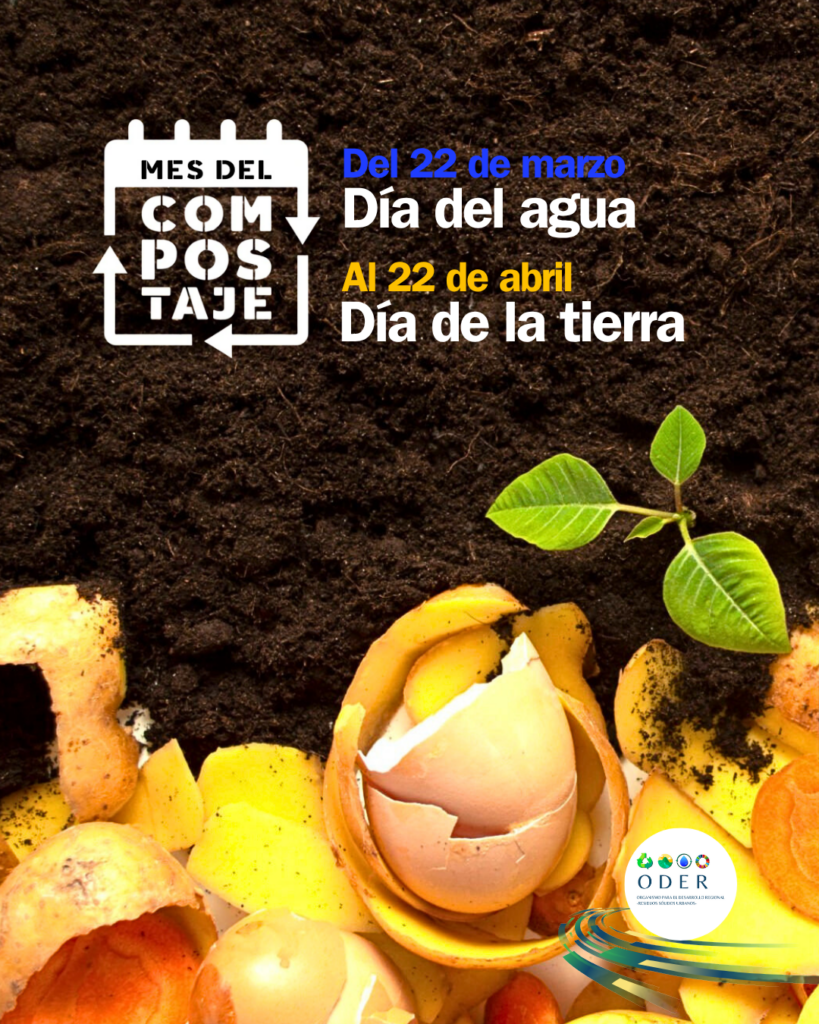 Imagen promoción Mes del Compostaje. De fondo tierra negra, nutrida por residuos orgánicos. Sobre la tierra una planta está brotando. Incluye logo del ODER y del Mes del Compostaje